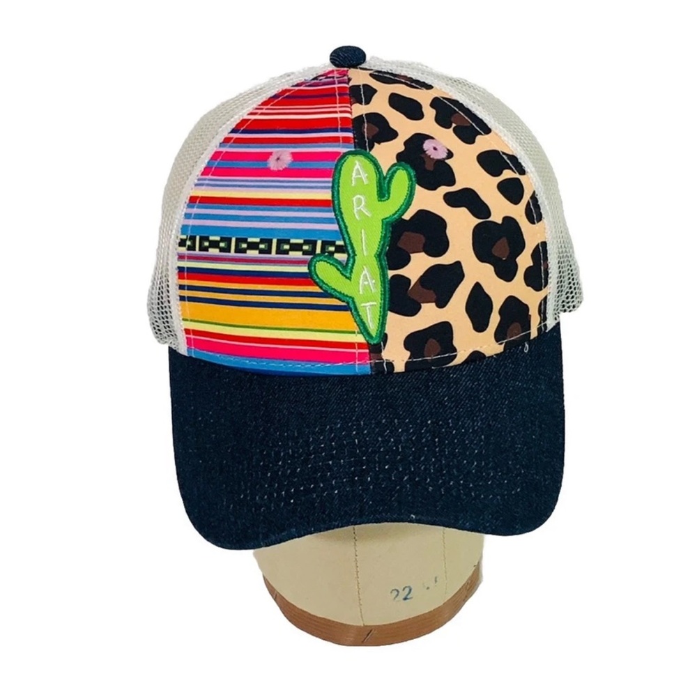 Ariat Serape Leopard Cactus Trucker Hat Denim Bill Western Mesh Snapback Cap OS
